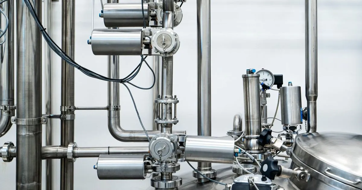 Stainless steel process vessel with valves and piping, typical equipment mounted on a stainless steel skid frame